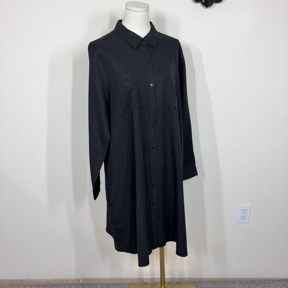 Eileen Fisher Shirt Dress Women Large Black Button Linen Blend Pockets Lagenlook
